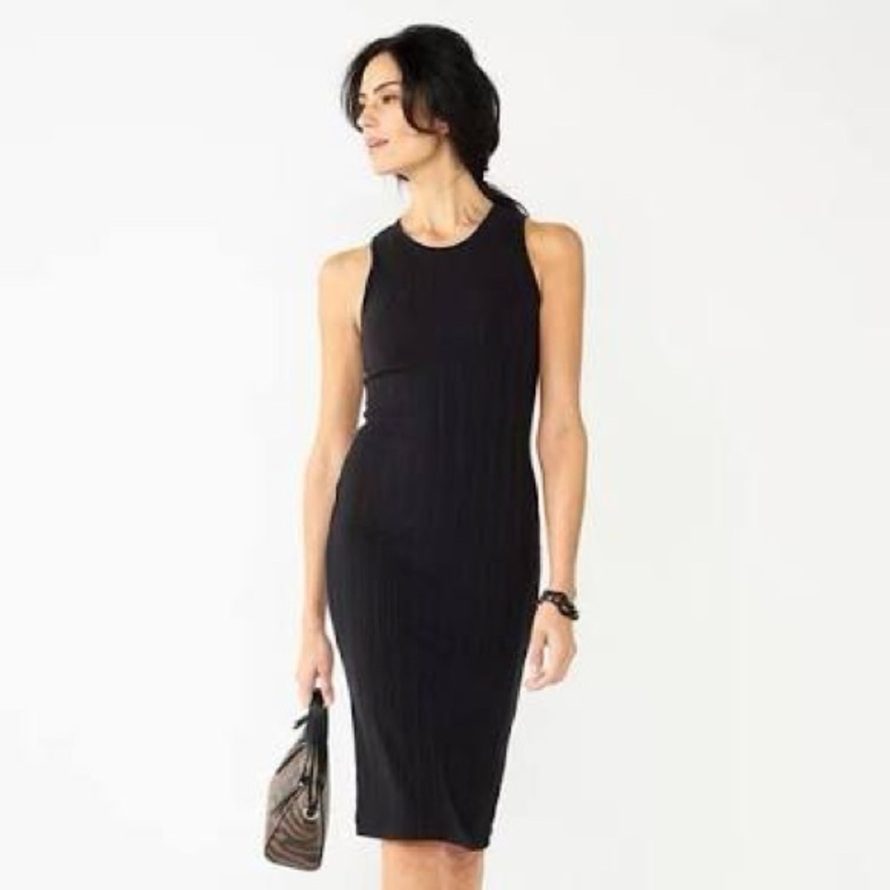 NWOT! NINE WEST Rib Knit Crewneck Sleeveless Midi Dress in Black Size Medium